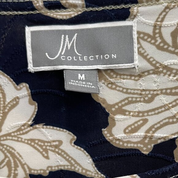 JM Collection Women’s Black Beige Floral Top Medium 3/4 Sleeve Stretch Blouse - Picture 4 of 5